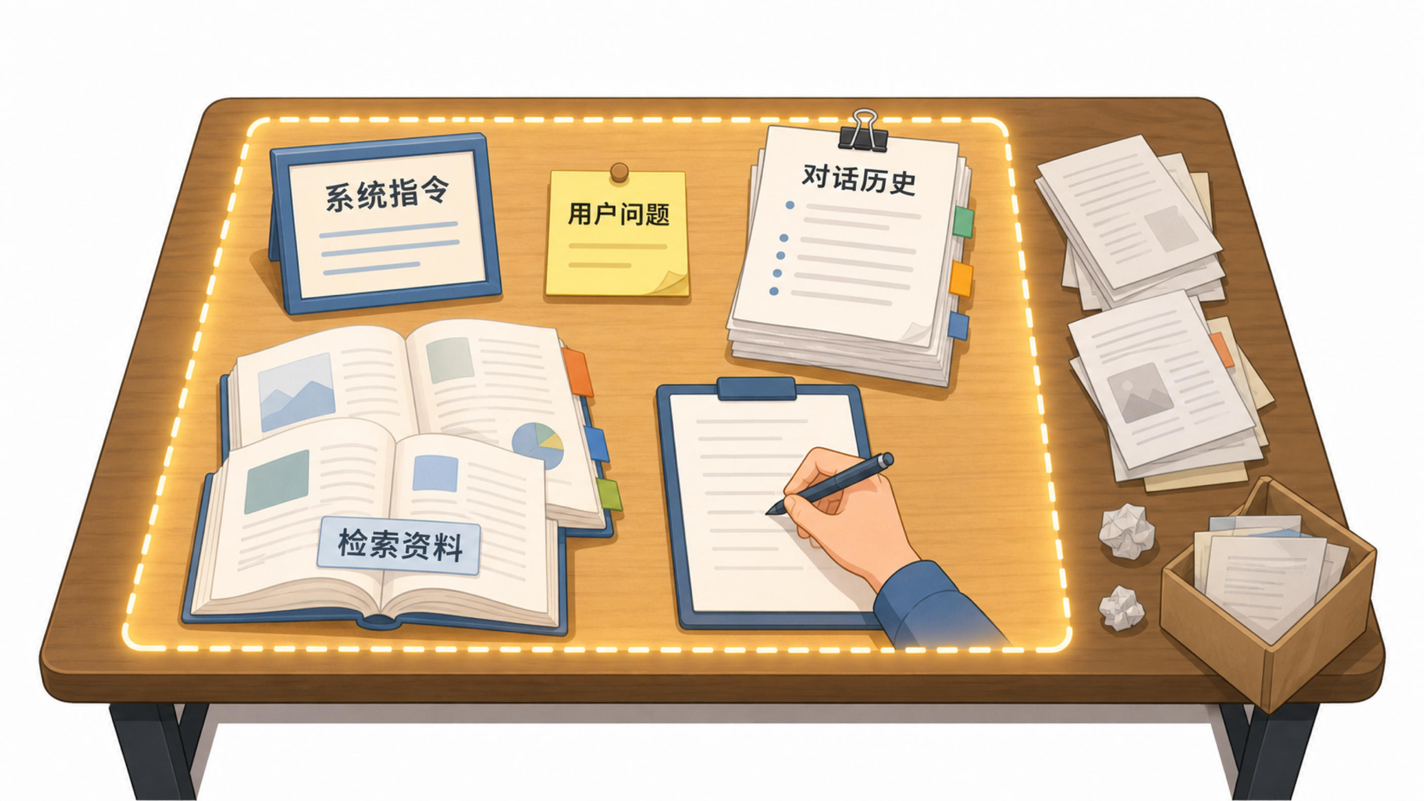 办公桌上摊开的指令、问题、历史和资料说明上下文窗口有限