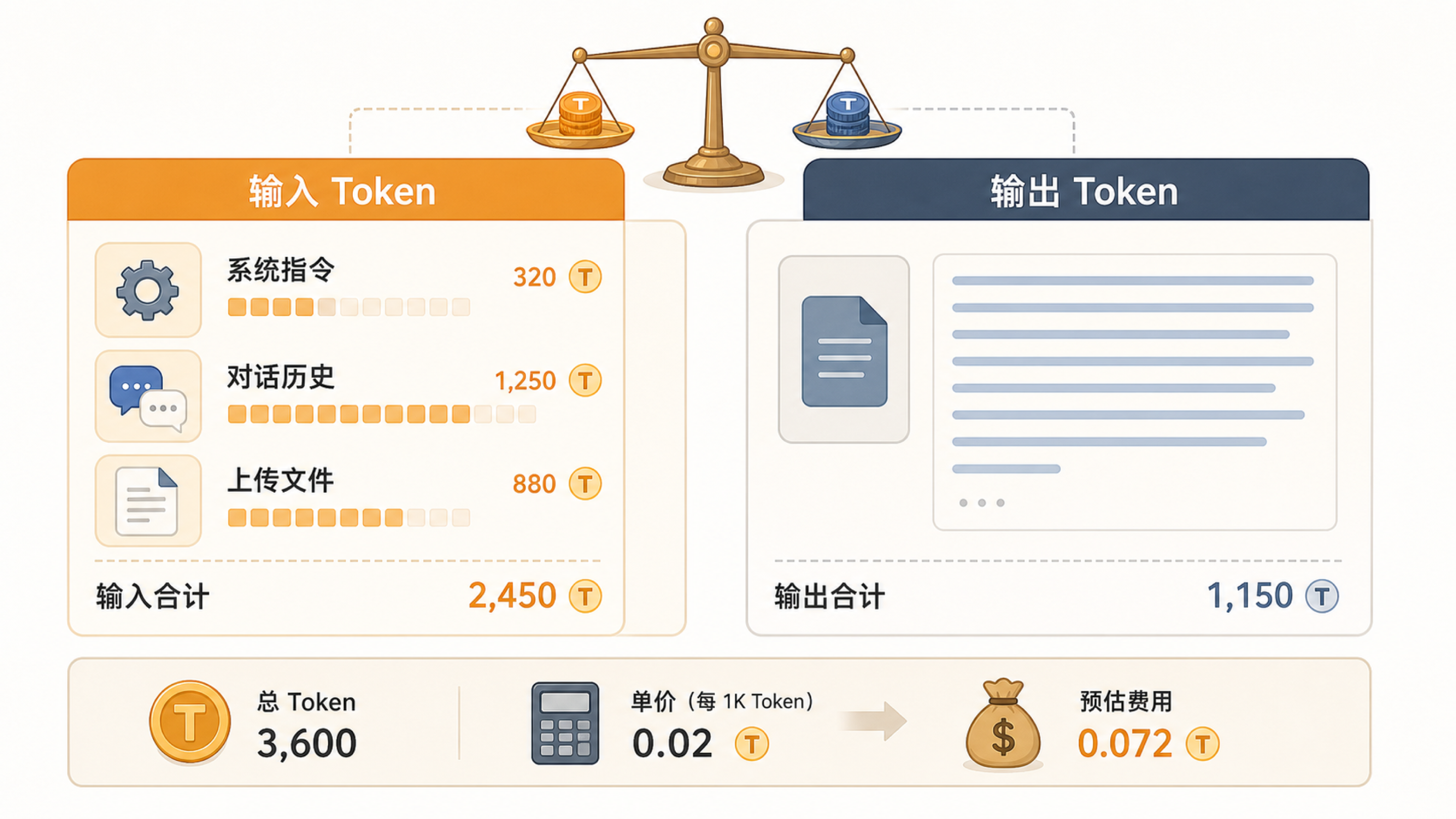 输入 Token 和输出 Token 分列在账本中的成本示意图