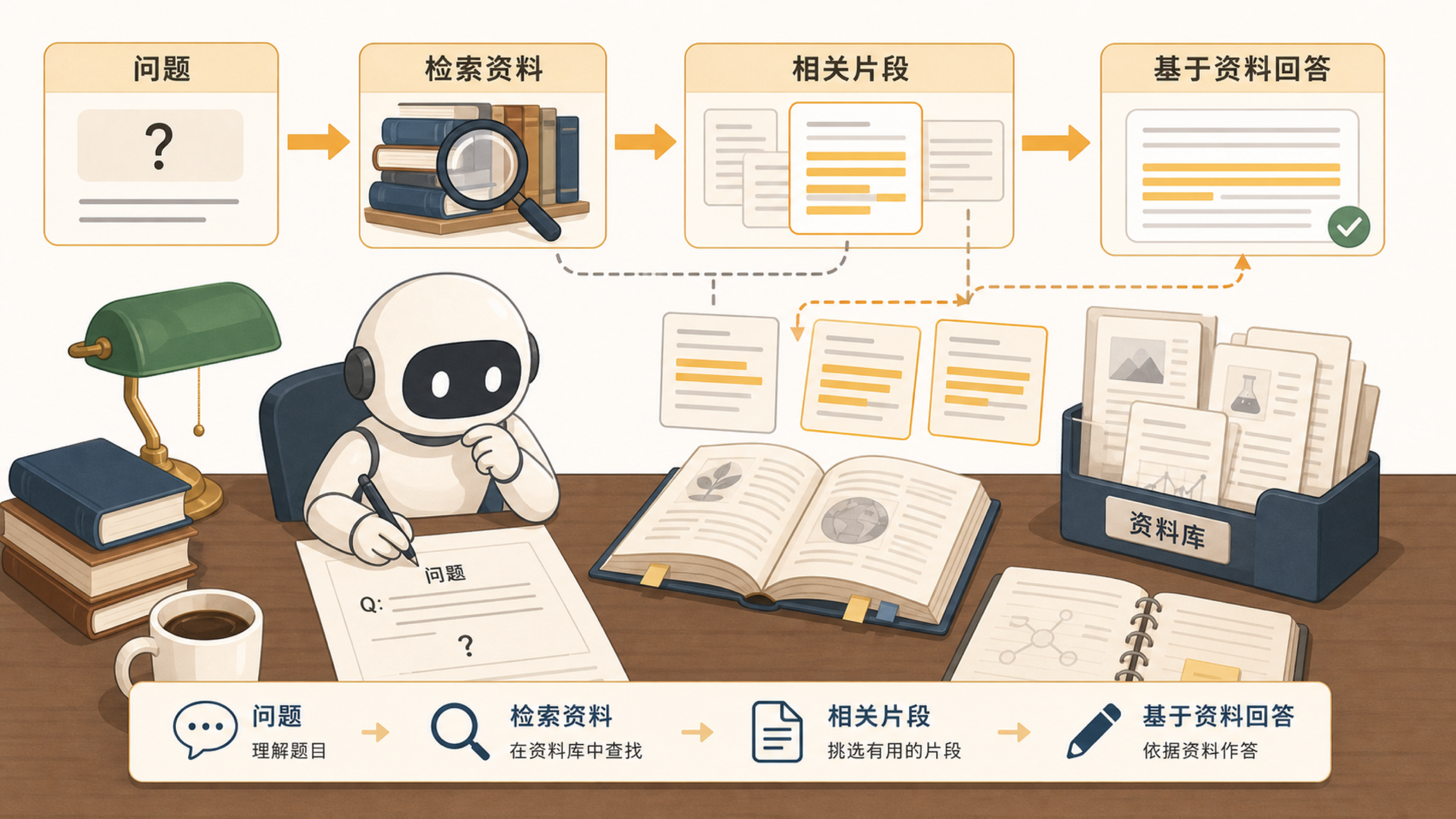 开卷考试式的 RAG 流程，从问题检索资料到基于资料回答