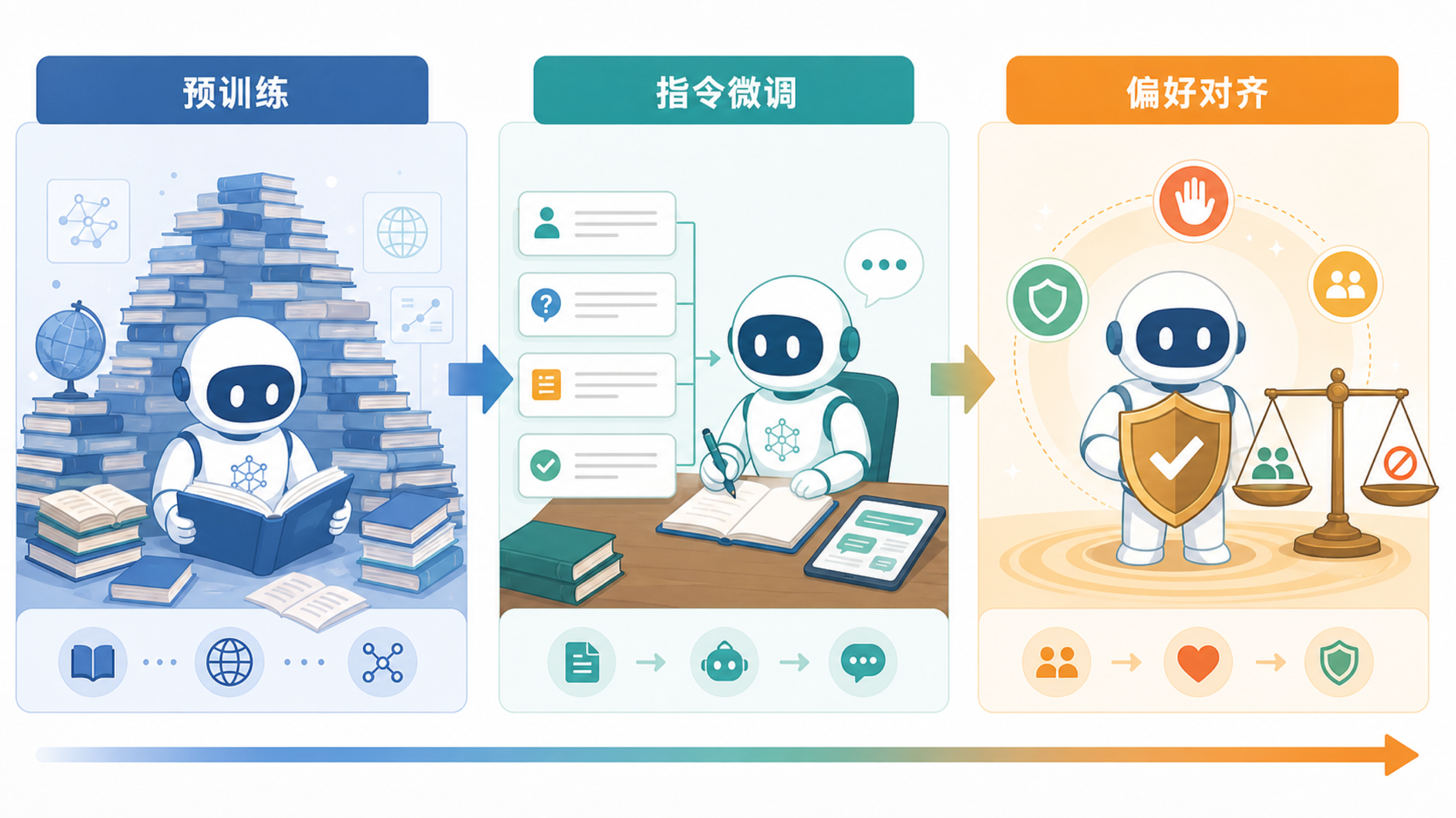 预训练、指令微调和偏好对齐三个阶段的进阶示意图