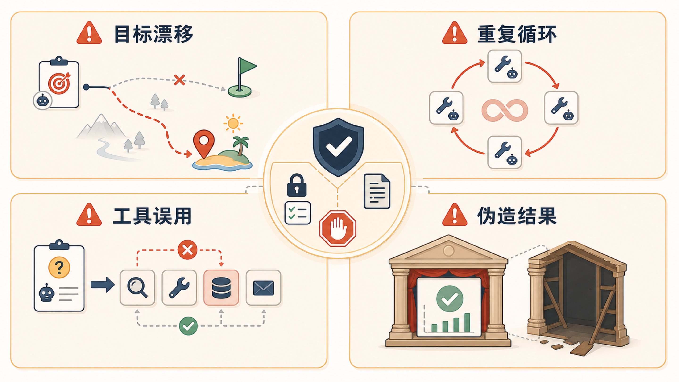 目标漂移、重复循环、工具误用和伪造结果四类 Agent 失败模式