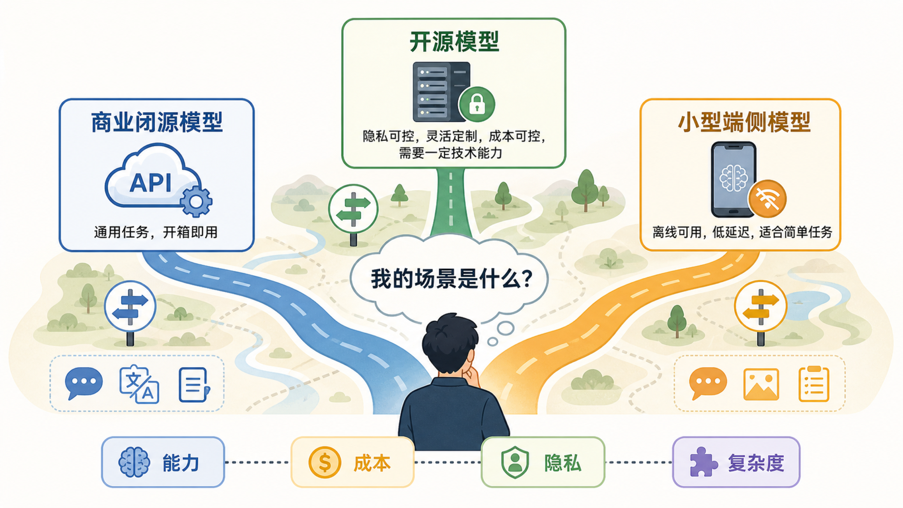 商业闭源模型、开源模型和小型端侧模型围绕使用场景分支选择